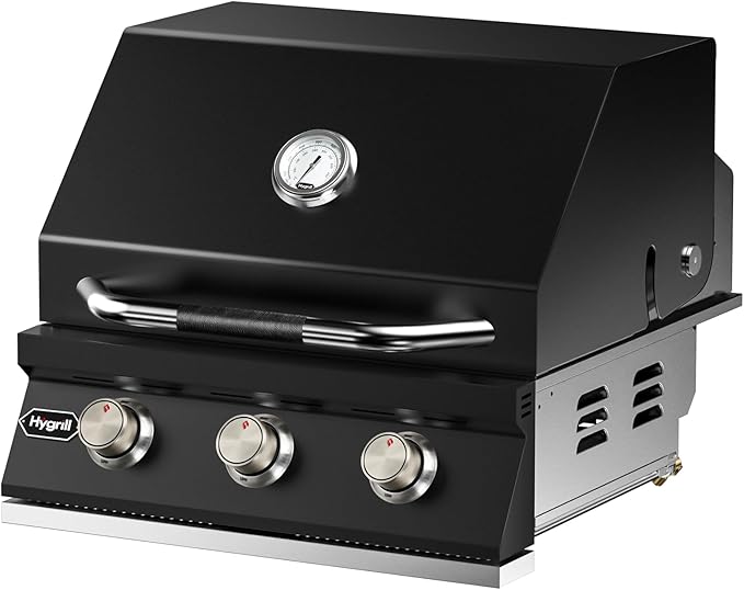 Hygrill STD Series Heavy Duty 3-Burner Built In Grill for Liquid Propane, Stainless Steel Outdoor Kitchen Grill Head, Black