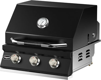 Hygrill STD Series Heavy Duty 3-Burner Built In Grill for Liquid Propane, Stainless Steel Outdoor Kitchen Grill Head, Black