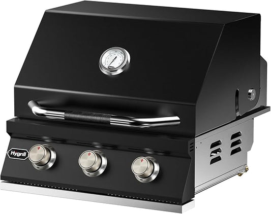 Hygrill STD Series Heavy Duty 3-Burner Built In Grill for Liquid Propane, Stainless Steel Outdoor Kitchen Grill Head, Black