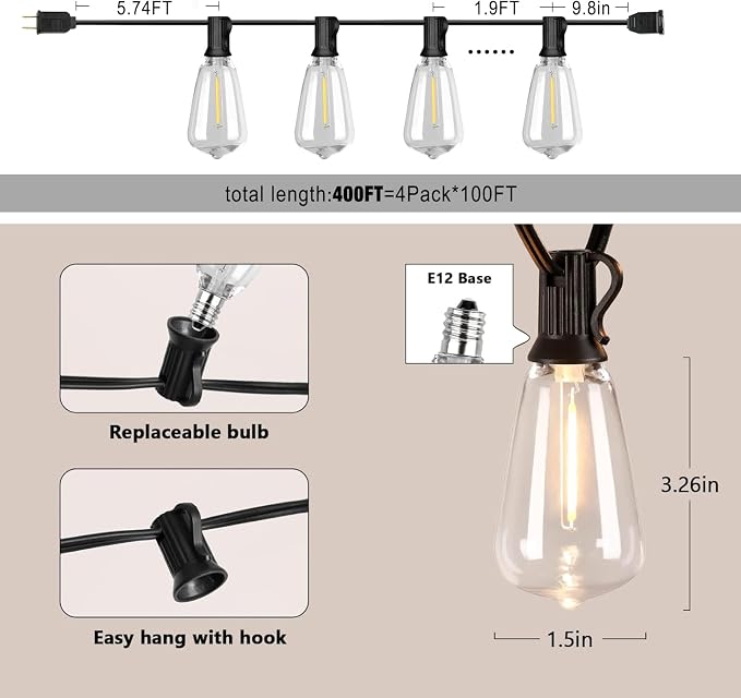 LED Outdoor Edison String Light 400FT Patio Lights with 200+8 Extral Shatterproof ST38 Vintage 2200K Bulbs Outside Lights Waterproof for Patio Porch Pergola Garden backyard,4Pack x 100FT Connectable