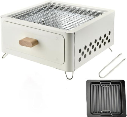 LOGOFUN Portable Charcoal Grill with Enamel Griddle Pan Japanese Style Tabletop BBQ for Outdoor Camping Folding Barbecue Hibachi Backyard Patio Balcony Snow White