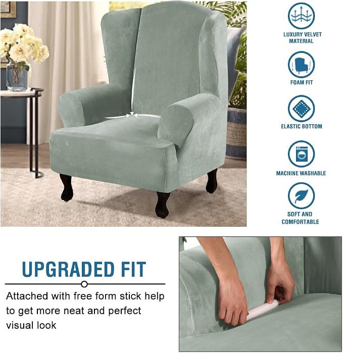 H.VERSAILTEX Wingback Chair Covers Velvet Plush Wing Chair Slipcover 1 Piece High Stretch Wing Back Chair Slipcovers Sofa Cover Furniture Cover with Elastic Bottom, Sea Grass