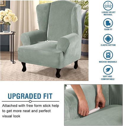 H.VERSAILTEX Wingback Chair Covers Velvet Plush Wing Chair Slipcover 1 Piece High Stretch Wing Back Chair Slipcovers Sofa Cover Furniture Cover with Elastic Bottom, Sea Grass