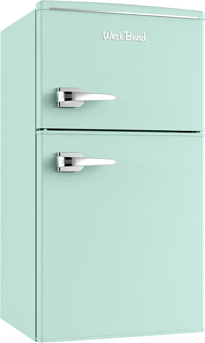 West Bend Mini Fridge with Freezer for Bedroom, Office, Bar or Dorm Room, Retro Compact Refrigerator features Glass Shelves, Manual Defrost and Adjustable Temperature Control, 3.1-Cu.Ft., Green