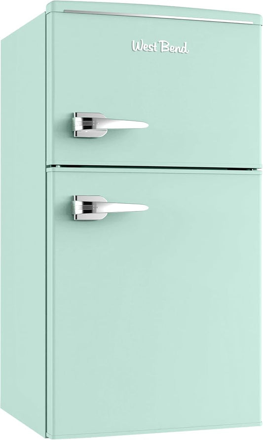 West Bend Mini Fridge with Freezer for Bedroom, Office, Bar or Dorm Room, Retro Compact Refrigerator features Glass Shelves, Manual Defrost and Adjustable Temperature Control, 3.1-Cu.Ft., Green