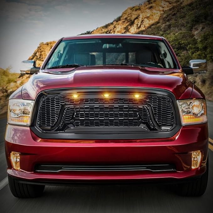 Glossy Black Front Grille Compatible with 2013-2018 Dodge Ram 1500, 2019-2023 Ram 1500 Classic, with Amber Lights (NO "RAM" LETTER)