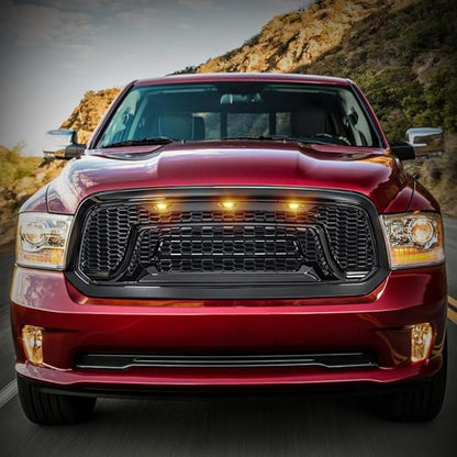 Glossy Black Front Grille Compatible with 2013-2018 Dodge Ram 1500, 2019-2023 Ram 1500 Classic, with Amber Lights (NO "RAM" LETTER)