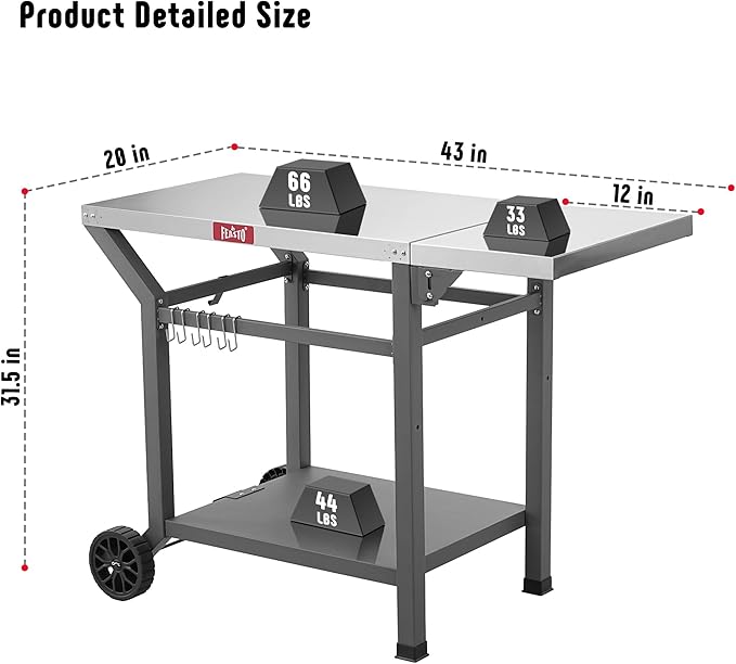 Feasto 43" Lx20 W Grill Table with Folding Side Table & Undershelf, Gray | Stainless Steel Tabletop, Foldable Side Shelf, Sturdy Undershelf, for Pizza Ovens, BBQ Grills, & Prep Work (Hooks Included)