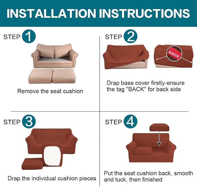 Turquoize 3 Piece Sofa Covers for 2 Cushion Couch Sofa Slipcover Soft Couch Cover for Dogs-Washable Sofa Furniture Covers with 2 Individual Cushion Covers, Feature Fabric (2 Cushion Sofa, Rust)