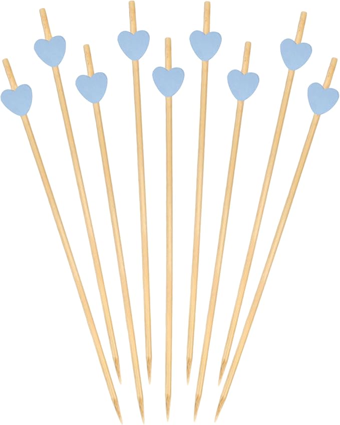 BambooMN 7.1 Inch Blue Heart Bamboo Food and Drink Pick Skewers for Catered Events, Holiday's, Restaurants or Buffets Party Supplies, 100 Pieces