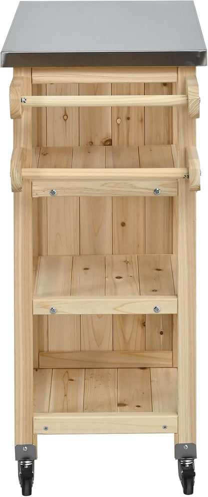 JIVOIT Outdoor Kitchen Island with Foldable Stainless Steel Tabletop, Patio Fir Wood Kitchen Cart Portable Prep Station with Lockable Wheels, Storage Cabinet and Towel Rack (Natural/123)