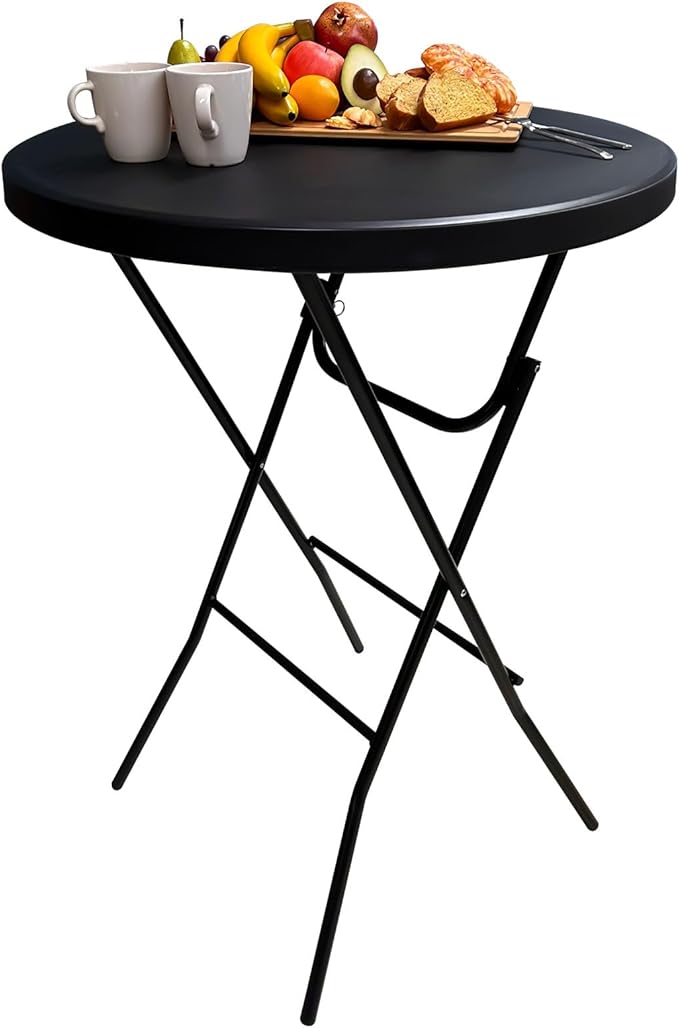 GUAGUA 32in Folding Cocktail Table, Bar Height, Round,High Top, Black | Portable plastic table with folding legs for parties, weddings, catering, and indoor or outdoor events.