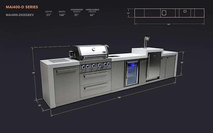Mont Alpi 168"W Stainless Steel Deluxe Modular Outdoor Kitchen Island with Refrigerator Faucet & Sink + 3 Tap Kegerator Beer Dispenser + 32"W 4-Burner BBQ Grill + Granite Countertops + Storage + Cover