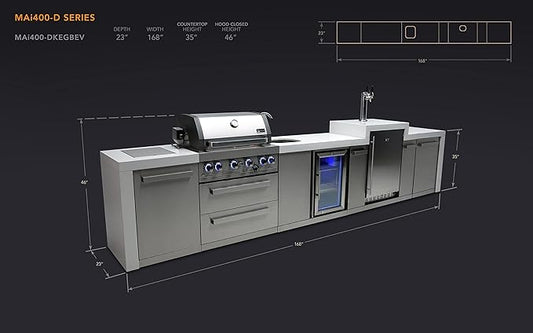 Mont Alpi 168"W Stainless Steel Deluxe Modular Outdoor Kitchen Island with Refrigerator Faucet & Sink + 3 Tap Kegerator Beer Dispenser + 32"W 4-Burner BBQ Grill + Granite Countertops + Storage + Cover