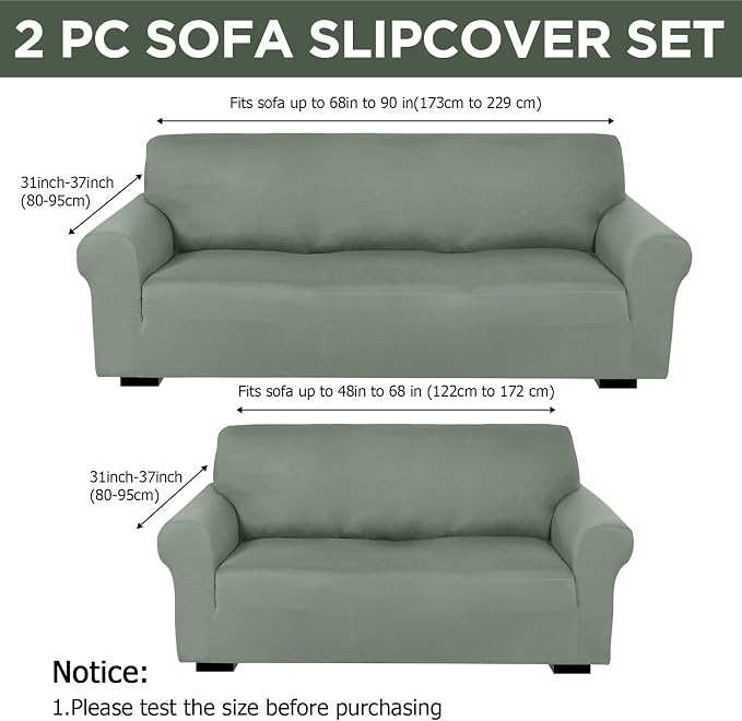 Peryiter 2 Pcs Couch and Loveseat Sofa Covers,Grayish Green,Milk Silk | Armchair Covers for Living Room, Sofa Cushion Slipcover 2/3 Seater, Furniture Protector, Polyester and Spandex, Washable