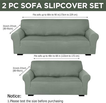 Peryiter 2 Pcs Couch and Loveseat Sofa Covers,Grayish Green,Milk Silk | Armchair Covers for Living Room, Sofa Cushion Slipcover 2/3 Seater, Furniture Protector, Polyester and Spandex, Washable