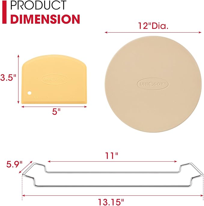Unicook 12 Inch Round Pizza Stone for Oven and Grill, Comes with Carry Rack | Heat Resistant to 1450 ℉, Even Heating and Consistent Heat Retention, Crispy Crust for Fresh & Frozen Pizzas, Bread, Cookies