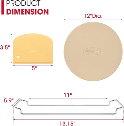 Unicook 12 Inch Round Pizza Stone for Oven and Grill, Comes with Carry Rack | Heat Resistant to 1450 ℉, Even Heating and Consistent Heat Retention, Crispy Crust for Fresh & Frozen Pizzas, Bread, Cookies