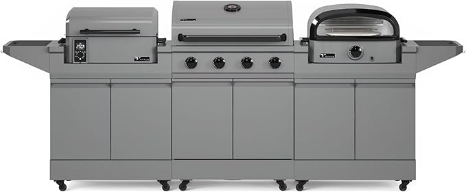 Tytus Anaheim 4-Burner Gas Grill with Two Prep Carts, Pellet Smoker, and Pizza Oven - Modular Outdoor Kitchen, Quick Assembly, Grill for Outdoor Cooking, Kitchen Island for BBQ