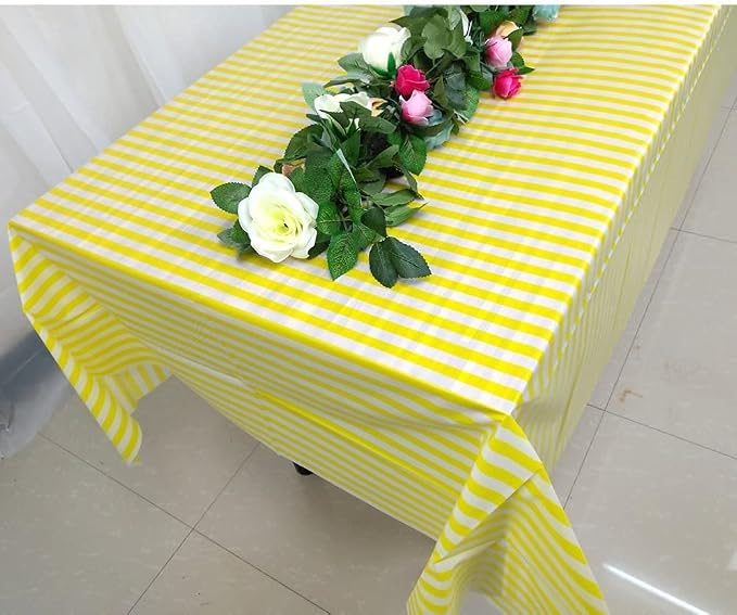 Vpang 2 Pcs Striped Plastic Print Tablecloths Disposable Table Cover Thickened Rectangle Tablecover, Kitchen Picnic Wedding Birthday Party Table Covers, 54"x108" (Yellow Stripe)