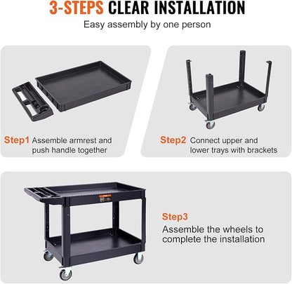 VEVOR Utility Service Cart 2 Shelf 550 lbs Heavy Duty Plastic Rolling Cart | Heavy Duty Utility Cart with 360° Swivel Wheels, Large Lipped Shelf, Ergonomic Storage Handle for Warehouse/Garage/Cleaning