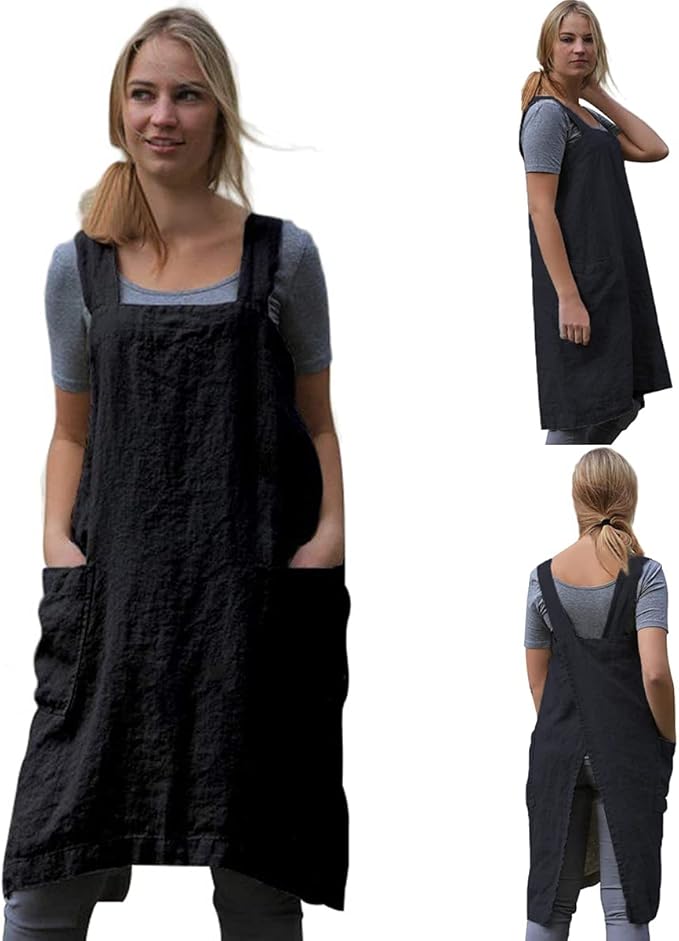 TBA Cotton Linen Apron Cross Back Apron for Women with Big Pockets Square Pinafore Dress for Baking Cooking BBQ & Grill