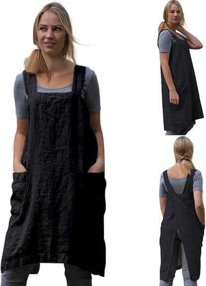 TBA Cotton Linen Apron Cross Back Apron for Women with Big Pockets Square Pinafore Dress for Baking Cooking BBQ & Grill