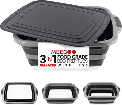 BBQ Prep Tub 3-IN-1 Large 30L Collapsible Cutting Board with Lid for Grill Meal Prep Marinating Food, Camping Sink with Colander, Dish Basin, Storage Blanket for Camping Picnic BBQ Grilling, Black