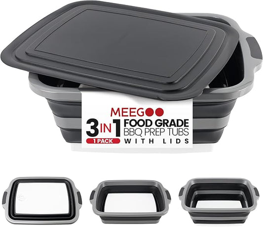 BBQ Prep Tub 3-IN-1 Large 30L Collapsible Cutting Board with Lid for Grill Meal Prep Marinating Food, Camping Sink with Colander, Dish Basin, Storage Blanket for Camping Picnic BBQ Grilling, Black