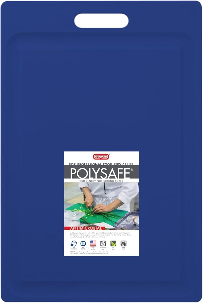 Dexas NSF Certified Polysafe Cutting Board with Handle and Juice Well, 12 x 18 inches, Reversible Kitchen Cutting Board, Blue