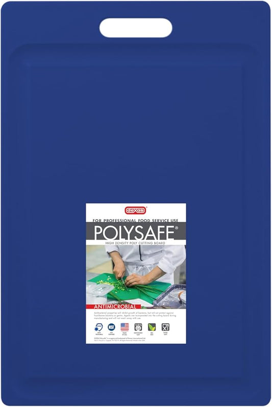 Dexas NSF Certified Polysafe Cutting Board with Handle and Juice Well, 12 x 18 inches, Reversible Kitchen Cutting Board, Blue