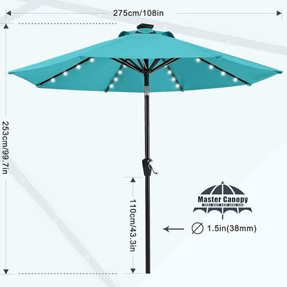 MASTERCANOPY 9FT 8Ribs Patio Umbrella with 32 Solar LED Lights, Outdoor Market Umbrella with Tilt & Crank, UV Protection & Fade Resistant Fabric, Easy Set-Up for Garden, Deck, Pool (Turquoise)