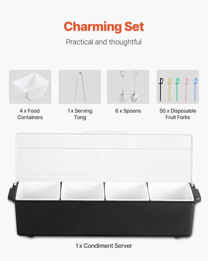 VEVOR Chilled Condiment Server, 4 Compartment Ice Cooled Condiment Serving Container, Chilled Garnish Tray Bar Caddy with Lid, for Bartending & Serving Taco, Salad, Fruit, Home & Restaurant Supplies