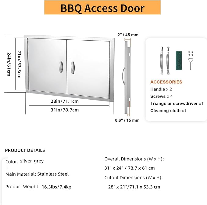 GarveeLife BBQ Access Door 31 in W x 24 in H, Double Outdoor Kitchen Door, Weatherproof Built in 304 Stainless Steel with Handle for Outside, Commercial, BBQ Island, Grilling Station, Outside Cabinet