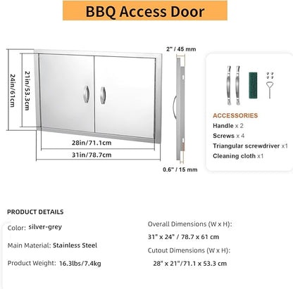 GarveeLife BBQ Access Door 31 in W x 24 in H, Double Outdoor Kitchen Door, Weatherproof Built in 304 Stainless Steel with Handle for Outside, Commercial, BBQ Island, Grilling Station, Outside Cabinet