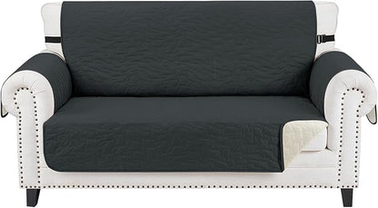 CUCRAF Non Slip Quilted Sofa Cover, Water Resistant Slipcover Furniture Protector for 2 Cushion Sofa Pet Friendly, Washable Couch Cover with Adjustable Elastic Straps (Medium Loveseat, Black)