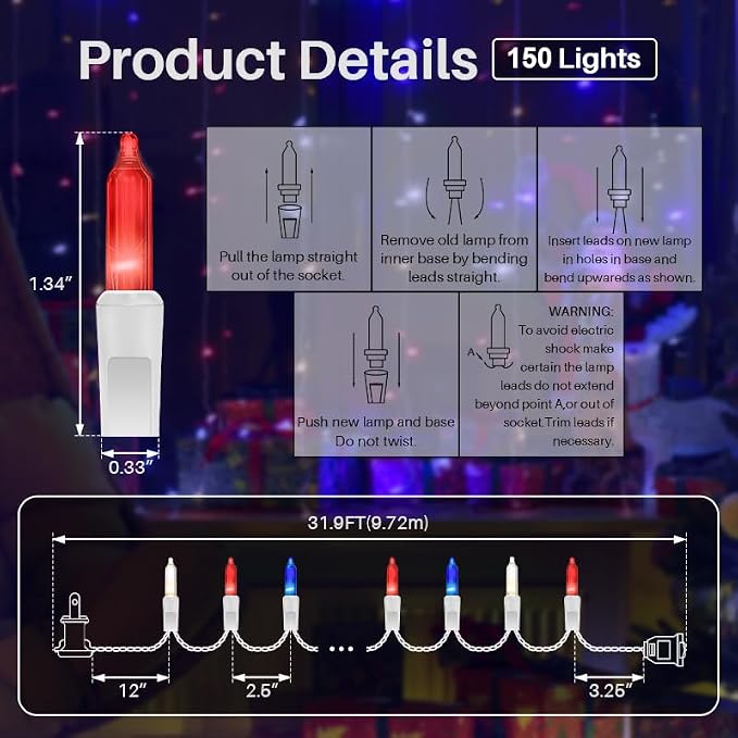 Red White and Blue Mini String Lights, 31.9FT 150 Lights 4th of July Patriotic Lights White Wire, Red White Blue Fairy Lights for Indoor Outdoor Independence Day Memorial Day Tree Decoration
