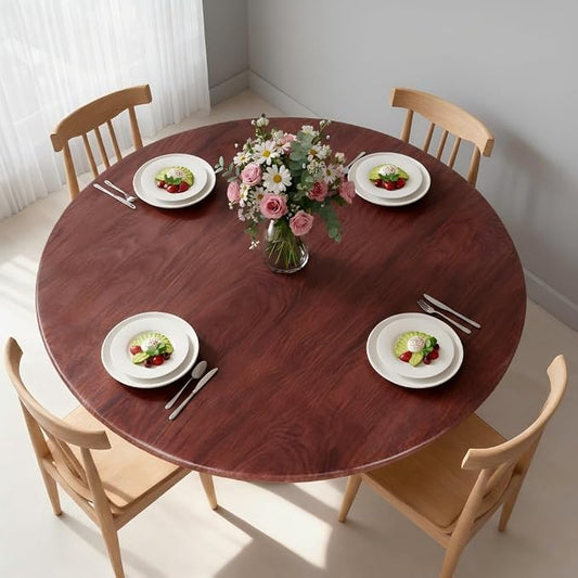 LUSHVIDA Round Waterproof Table Cover Elastic Vinyl Fitted Tablecloth Elastic Edged Plastic Table Cover, Mahogany, Best for Up to 36"-44" Round