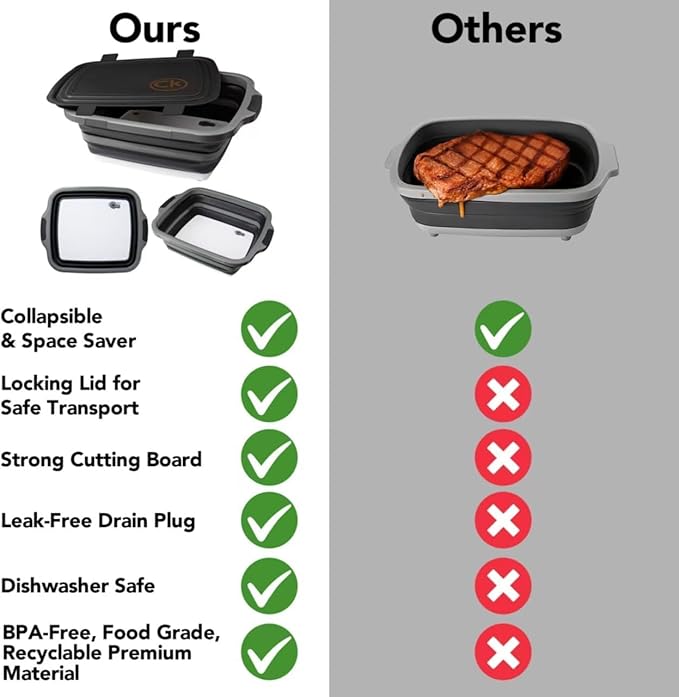 Collapsible BBQ Prep Tub - Includes Cutting Board, LOCKING Lid & Strong Drain Hole for Meal Prep & Marinating | BPA-Free, Food-Grade BBQ & Meat Prep Tubs, Best Grilling Gifts (Black, 8 L)