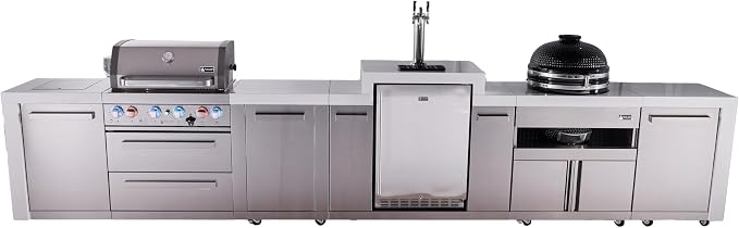 Mont Alpi Premium 4-Burner 155" Deluxe Stainless Steel Island Modular Outdoor Kitchen Island BBQ Gas Grill + Infrared Side Burner + Kegerator + Kamado + Storage Drawers and Cabinets + Rotisserie Kit