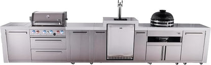 Mont Alpi Premium 4-Burner 155" Deluxe Stainless Steel Island Modular Outdoor Kitchen Island BBQ Gas Grill + Infrared Side Burner + Kegerator + Kamado + Storage Drawers and Cabinets + Rotisserie Kit