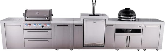 Mont Alpi Premium 4-Burner 155" Deluxe Stainless Steel Island Modular Outdoor Kitchen Island BBQ Gas Grill + Infrared Side Burner + Kegerator + Kamado + Storage Drawers and Cabinets + Rotisserie Kit