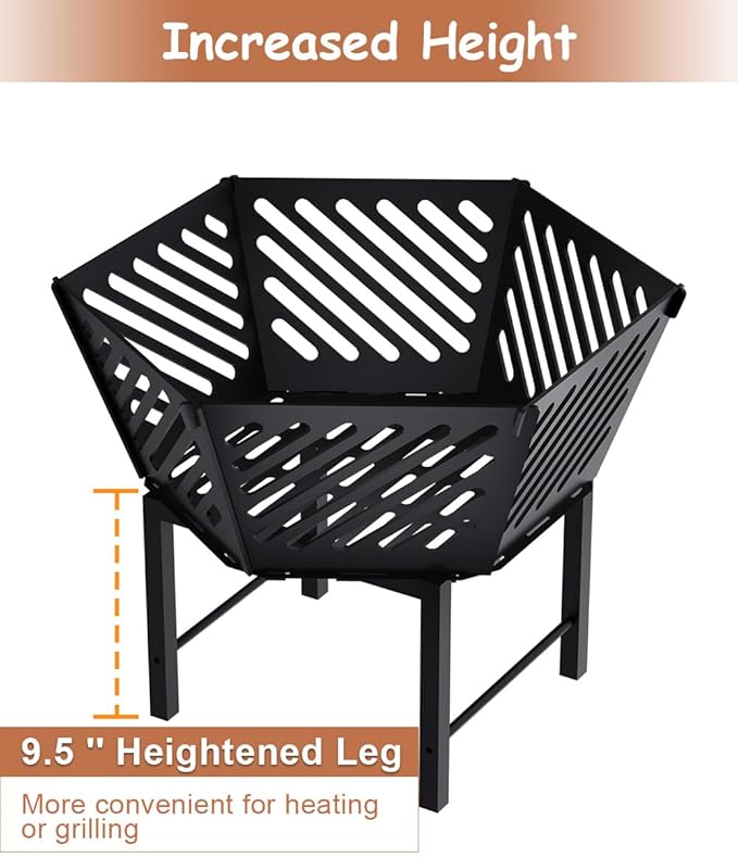 22.5 Inch Portable Hexagon Fire Pit with Travel Bag — Heightened Smokeless Design Outdoor Wood Burning Fire Pit for Camping, Backyard, Patio, Bonfire, Picnic and BBQ, Diagonal Hollow Style