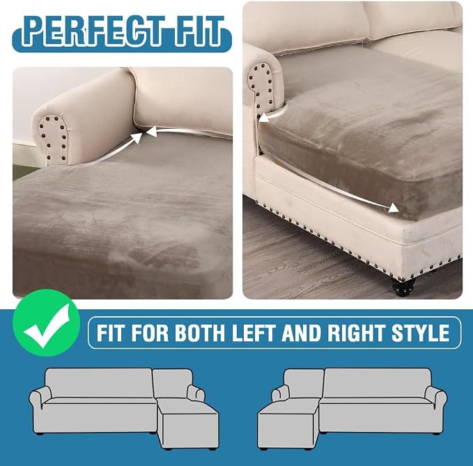 H.VERSAILTEX Velvet Stretch Individual Chaise Cover Sectional Couch Covers for L Shaped Sofa Both Left/Right Furniture Protector Seat Cushion Sofa Cover (1 Piece Chaise Cover, Taupe)
