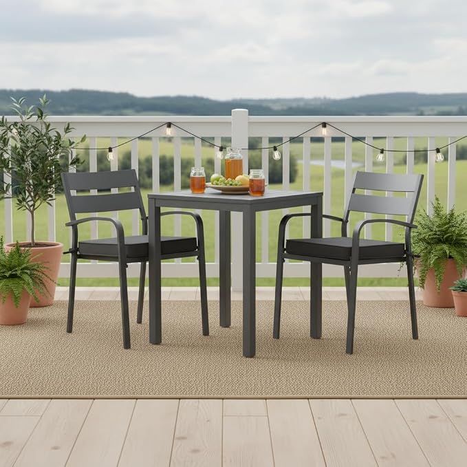 Indoor/Outdoor Chair Pads in Sunbrella Fabric – 17''x17'' Patio Seat Cushions with Foam Insert, Removable Reversible Cover & Ties for Patio Dining Chairs – Set of 2 or 4, Canvas Coal