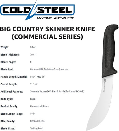 Cold Steel Big Country Skinner Knife 6" Durable German 4116 Stainless Steel Fixed Blade Knife with Non-Slip Handle Precision Cutting Tool for Chefs, Butchers, & Outdoor Use Commercial Series