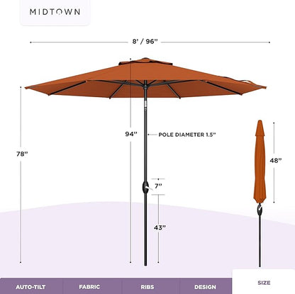 Midtown Umbrellas 10-Year-No-Fade - 8 Ft - UV Proof Dark Orange Polyester Fabric - Umbrella Outdoor Patio, Auto-Tilt Aluminum Frame Patio Umbrella for Garden, Pool & Deck - Black Pole