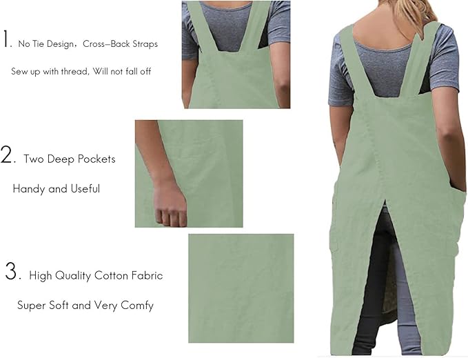 TBA Cotton Linen Apron Cross Back Apron for Women with Big Pockets Square Pinafore Dress for Baking Cooking BBQ & Grill