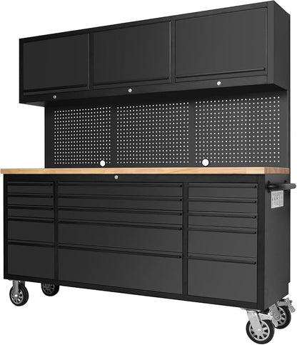 72-inch Rolling Tool Chest Cabinet Garage Workbench with 15 Storage Drawers and Wheels, 3 Upper Cabinet, Pegboard, Steel Large Tool Box for Garage Workshop, Matte Black