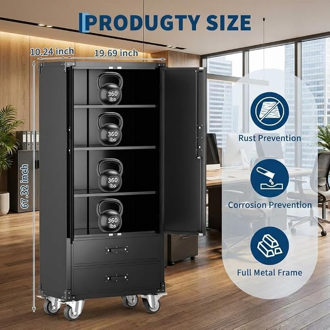71" Heavy-Duty Metal File Cabinet with Lockable Drawers & Doors, Adjustable Shelves for Letter/Legal/F4/A4 Size, Easy Assembly for Home Office Garage Storage Cabinet, Black